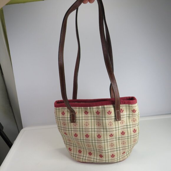Longaberger Plaid Leaf Acorn Small Tote Handbag Faux Leather Straps Burgundy - Picture 1 of 8